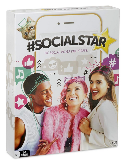 Board game box titled 'Social Star' with images of three people on a white background