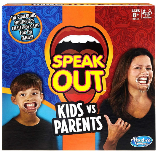 Board game box for 'Speak Out Kids vs Parents' with two people and colorful design.