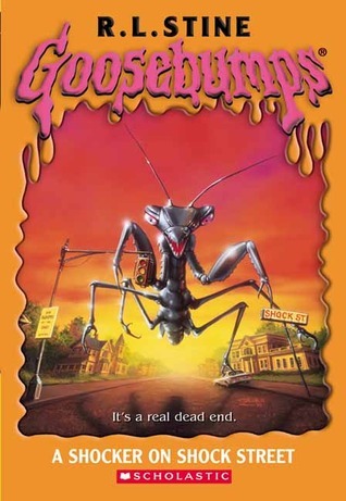 Goosebumps book cover with praying mantis and cityscape