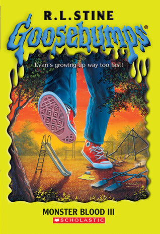 Goosebumps book cover with a child's feet stepping on a slide, against a yellow background.