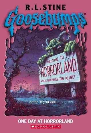 Goosebumps book cover with a monster and horrorland sign on a pink background
