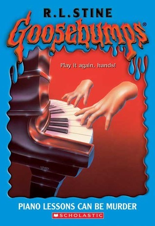 Goosebumps book cover with a hand playing piano on a red and blue background