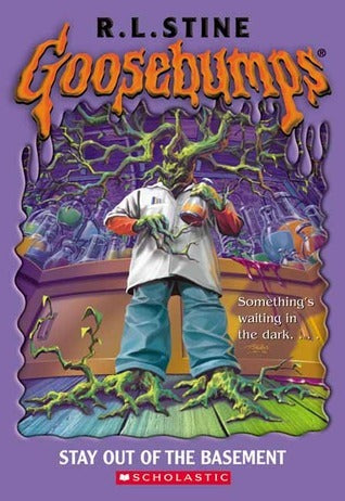 Goosebumps book cover with a creature emerging from a basement door on a purple background