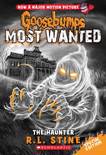 Book cover of 'Goosebumps Most Wanted: The Haunter' by R.L. Stine with a ghost and haunted house illustration.