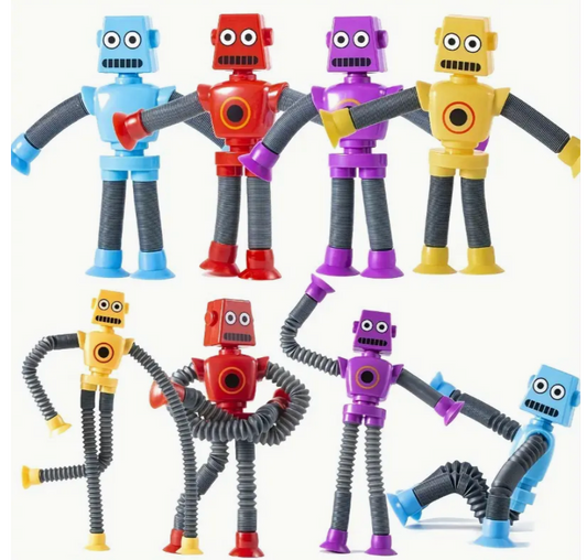 Set of colorful robot toys with flexible limbs on a white background