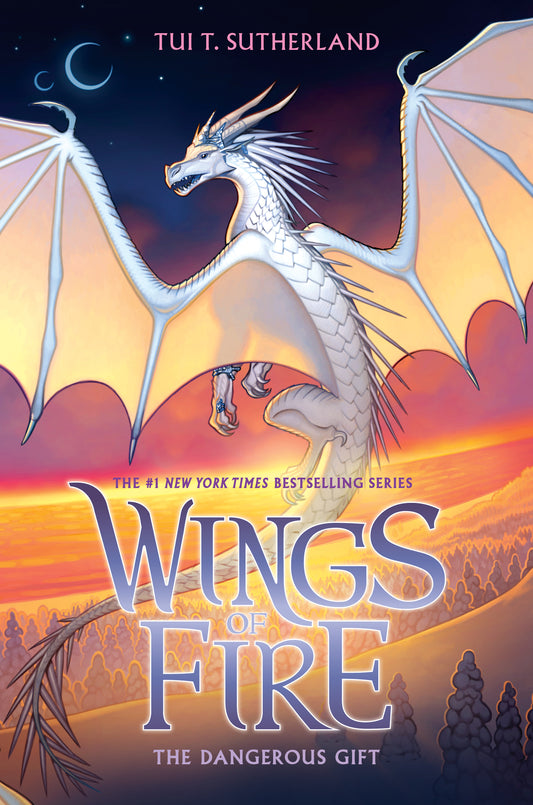 Cover of The Dangerous Gift by Tui T. Sutherland, featuring Queen Snowfall, a white IceWing dragon, poised against a backdrop of icy mountains under a twilight sky.