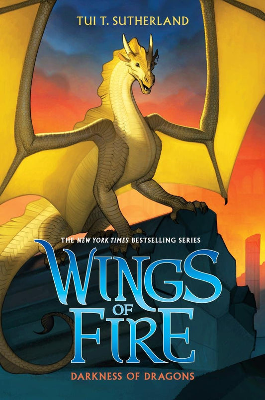 Cover of Darkness of Dragons by Tui T. Sutherland, featuring Qibli, a golden SandWing dragon, soaring above desert cliffs under a dramatic sky.