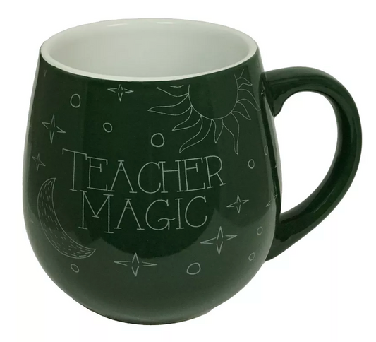 Green mug with 'Teacher Magic' text and celestial designs on a white background