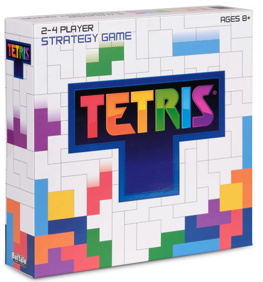 Tetris board game box with colorful pieces and logo on a white background