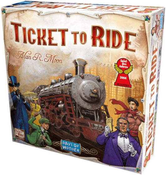 Board game box for 'Ticket to Ride' with steam train illustration and vintage-style design.