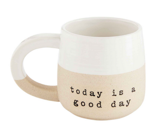 12 oz. color-blocked stoneware mug with the phrase Today Is a Good Day and a built-in pocket for tea bag or spoon