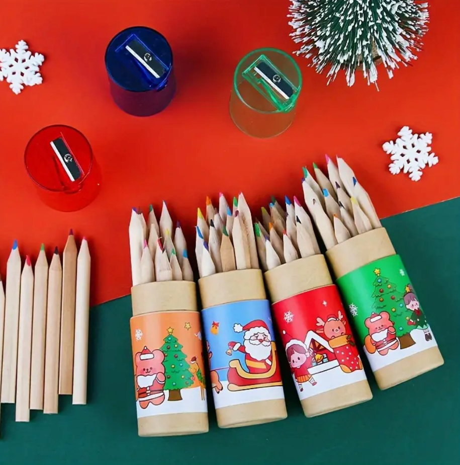 Travel-sized Christmas-themed colored pencils for kids with a built-in sharpener, featuring festive designs and vibrant colors.
