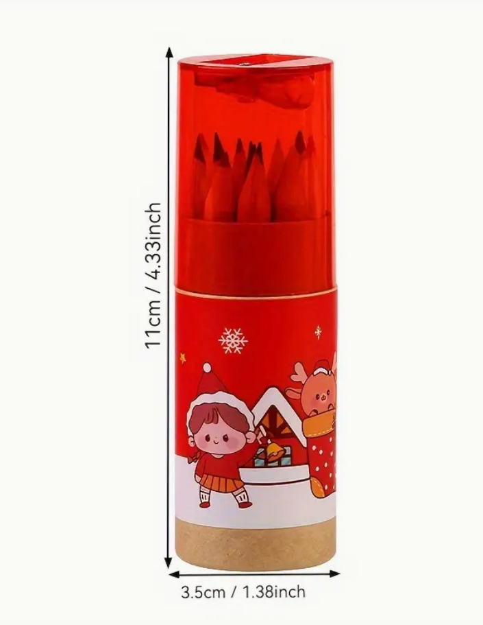 Travel-sized Christmas-themed colored pencils for kids with a built-in sharpener, featuring festive designs and vibrant colors.