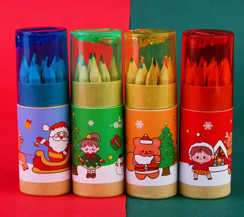 Travel-sized Christmas-themed colored pencils for kids with a built-in sharpener, featuring festive designs and vibrant colors.