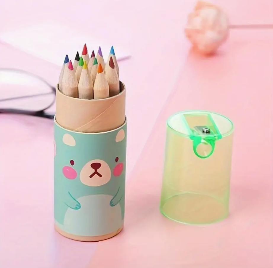 Travel-sized colored pencils with a blue bear theme for kids, featuring vibrant colors and a built-in sharpener.