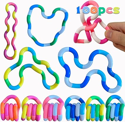 Multicolored twisty fidget toys shown in various shapes and color combinations, designed for sensory play and stress relief