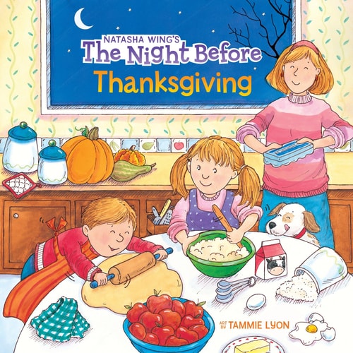 Illustrated book cover of 'The Night Before Thanksgiving' with children and a dog in a kitchen.