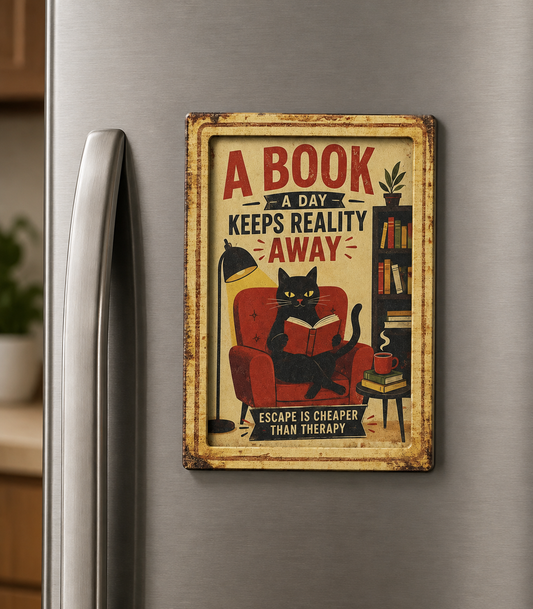 A Book a Day Keeps Reality Away vintage bookish magnet with black cat reading in a red chair