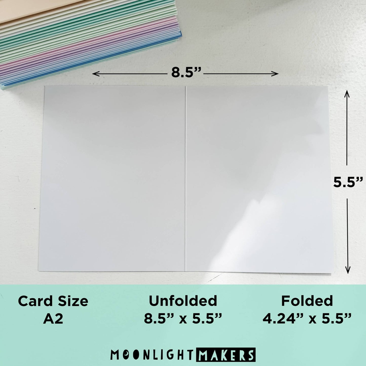 A2 size card with dimensions labeled and 'Moonlight Makers' branding.