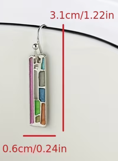 colorful abstract bookshelf bar earrings with silver hooks shown against a white background