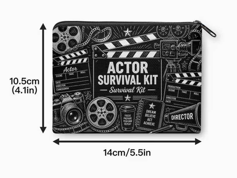 Actor Survival Kit zippered coin purse featuring film reels, clapperboards, cameras, and motivational acting-themed artwork with dimensions shown.