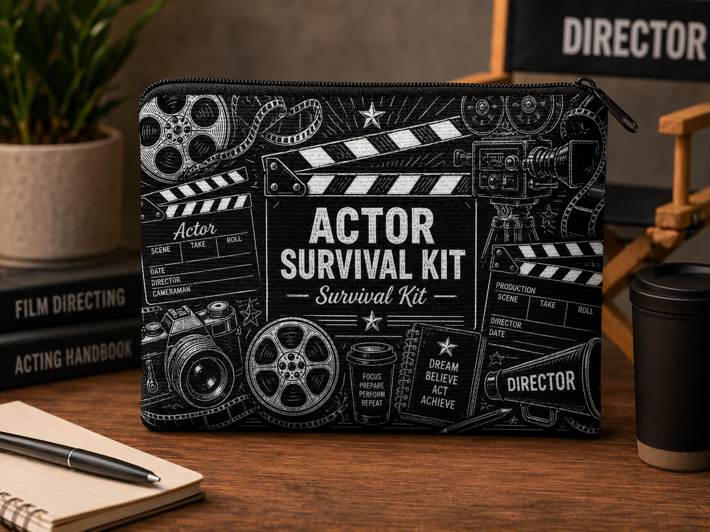 Actor Survival Kit zippered coin purse displayed on a desk with filmmaking props, notebooks, and a director's chair.