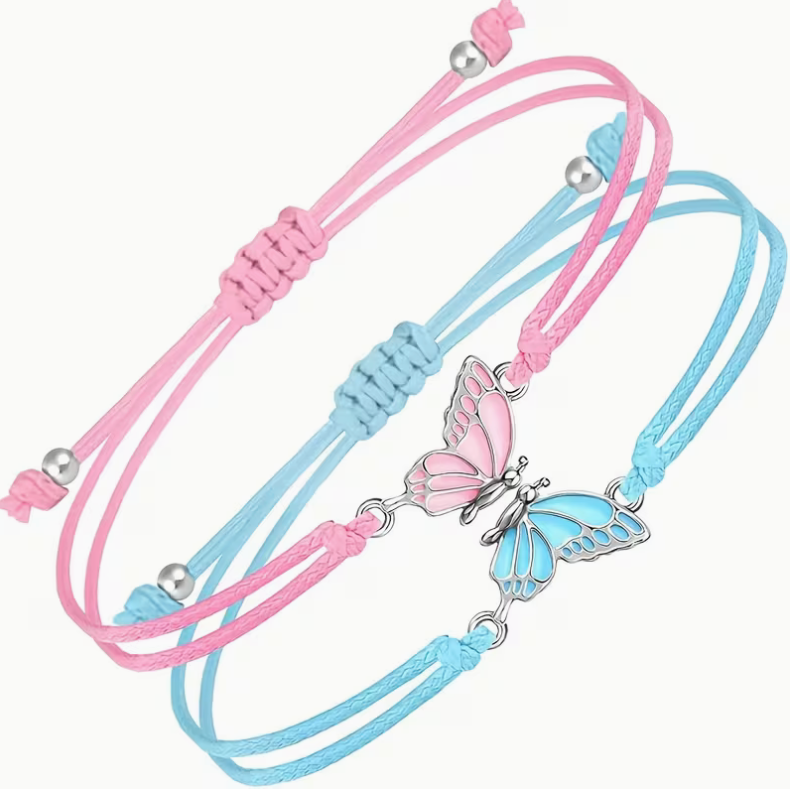 Adjustable butterfly cord bracelets in pink and blue with colorful silver-tone butterfly charms