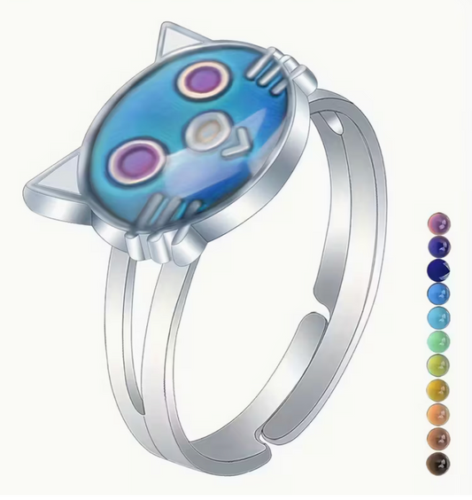 Adjustable silver tone cat mood ring with a color changing center shown alongside a mood color chart indicating temperature-based color shifts