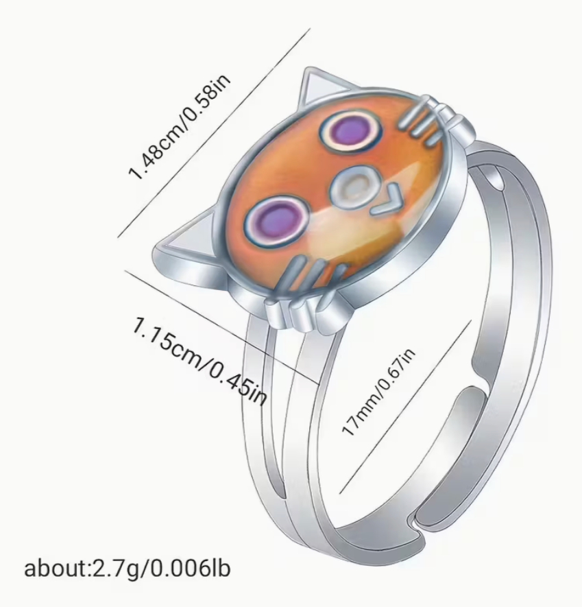Adjustable silver tone cat mood ring showing size measurements and approximate weight with a color changing center on an open adjustable band