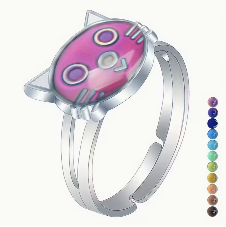 Adjustable silver tone cat mood ring showing a pink color changing center with an open adjustable band and mood color chart displayed beside the ring