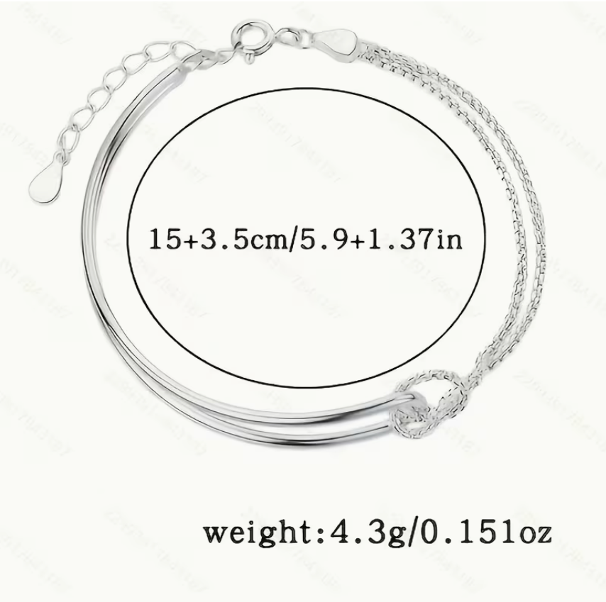 Adjustable silver double layer bracelet showing 15cm bracelet length with 3.5cm extender chain.