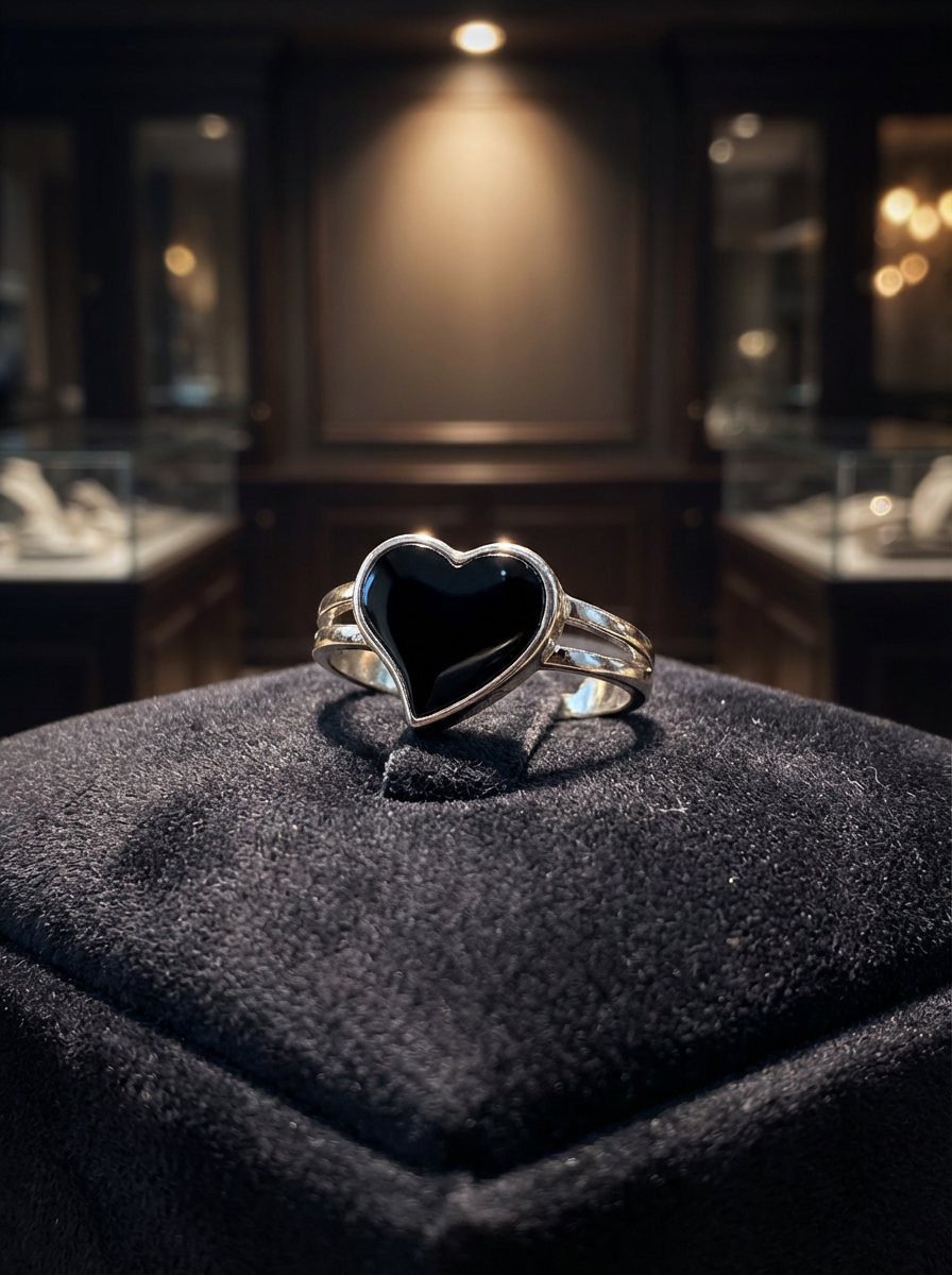 Adjustable silver tone heart mood ring with color changing center displayed on a dark velvet jewelry stand in a softly lit setting