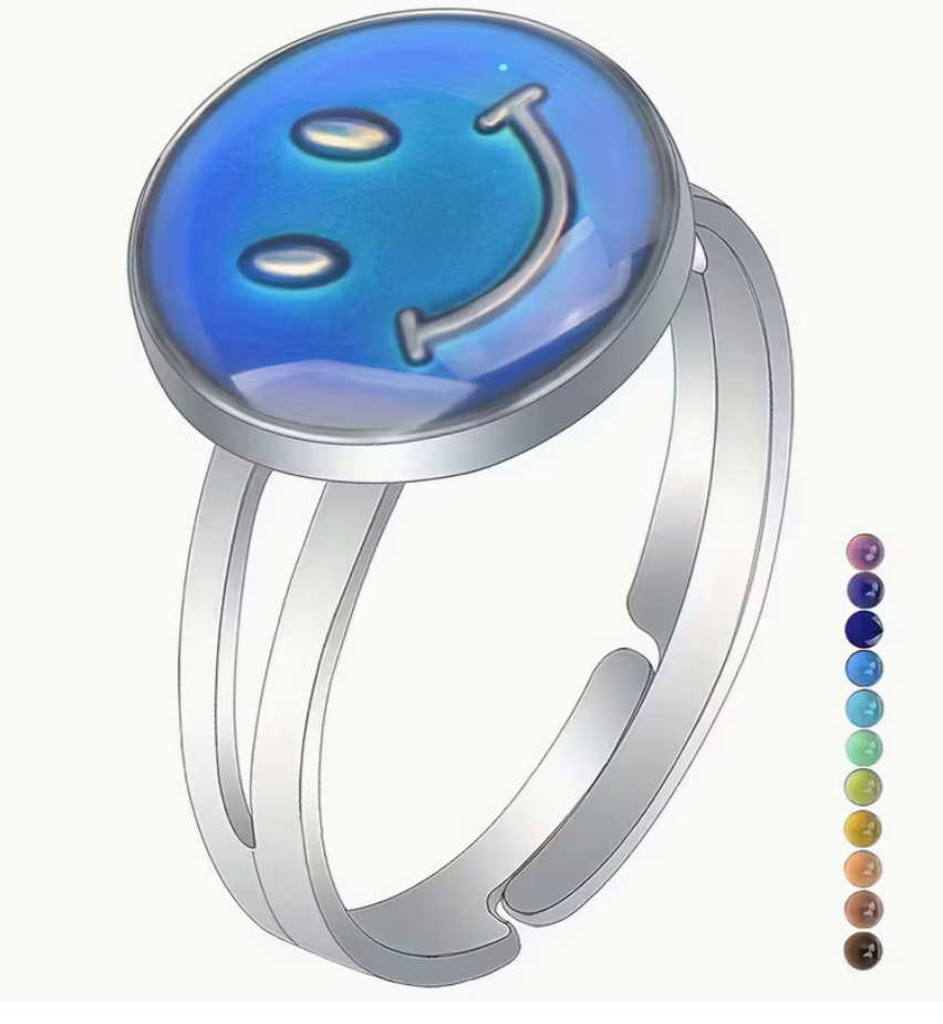 Adjustable silver tone smiley face mood ring with a blue color changing center shown alongside a mood color chart indicating temperature-based color changes