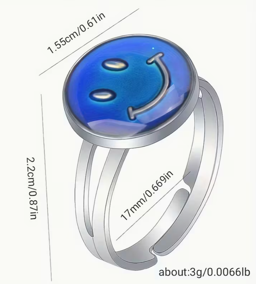 Adjustable silver tone smiley face mood ring showing size measurements and approximate weight with a color changing blue center on an open adjustable band