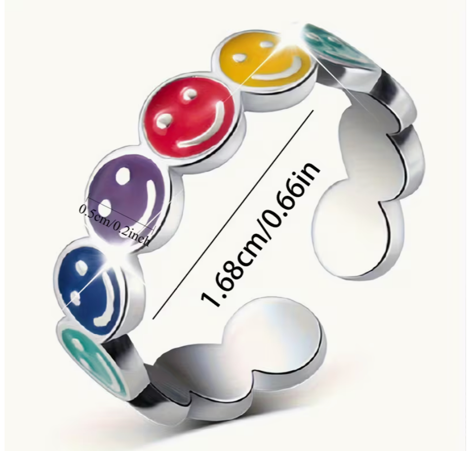 Adjustable silver tone smiley face ring showing size and measurement details with colorful enamel faces on an open adjustable band
