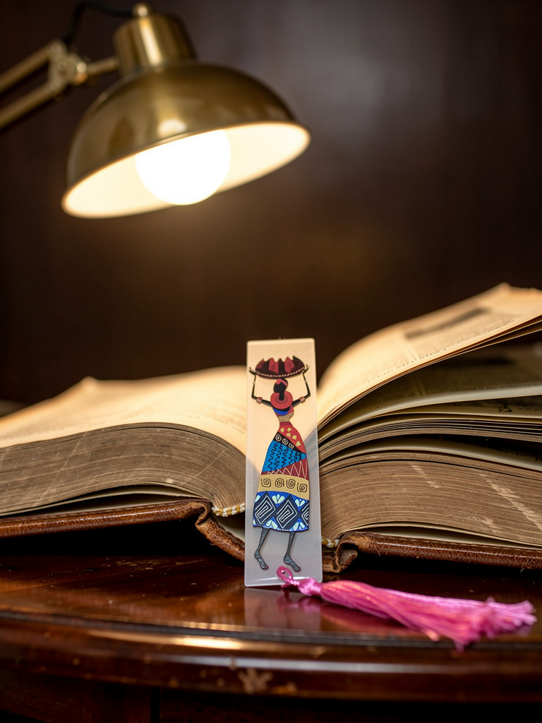 acrylic bookmark with African woman artwork and pink tassel standing against an open antique book under warm lighting