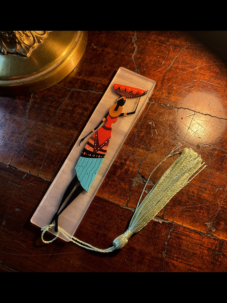acrylic African woman bookmark with yellow tassel on an open vintage book in a cozy library setting