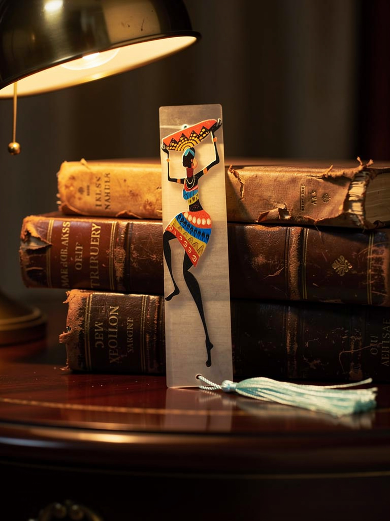 acrylic bookmark with colorful African woman design leaning against stacked antique books under a lamp