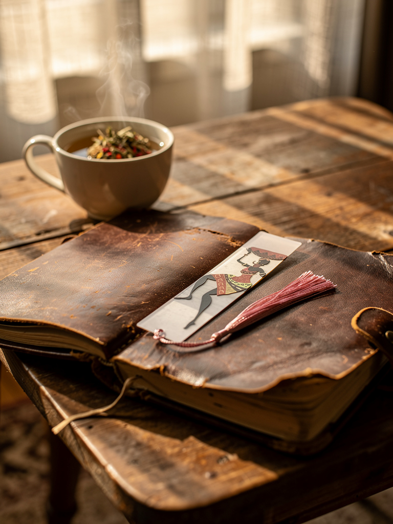 crylic African woman bookmark with pink tassel placed on an open leather journal beside a cup of tea