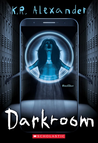 Book cover of 'Darkroom' by K.R. Alexander with a futuristic phone and blue light.