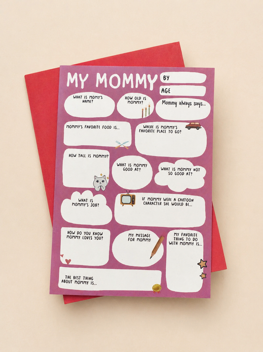 All About My Mommy fill-in greeting card with prompts for kids on a pink card with red envelope underneath