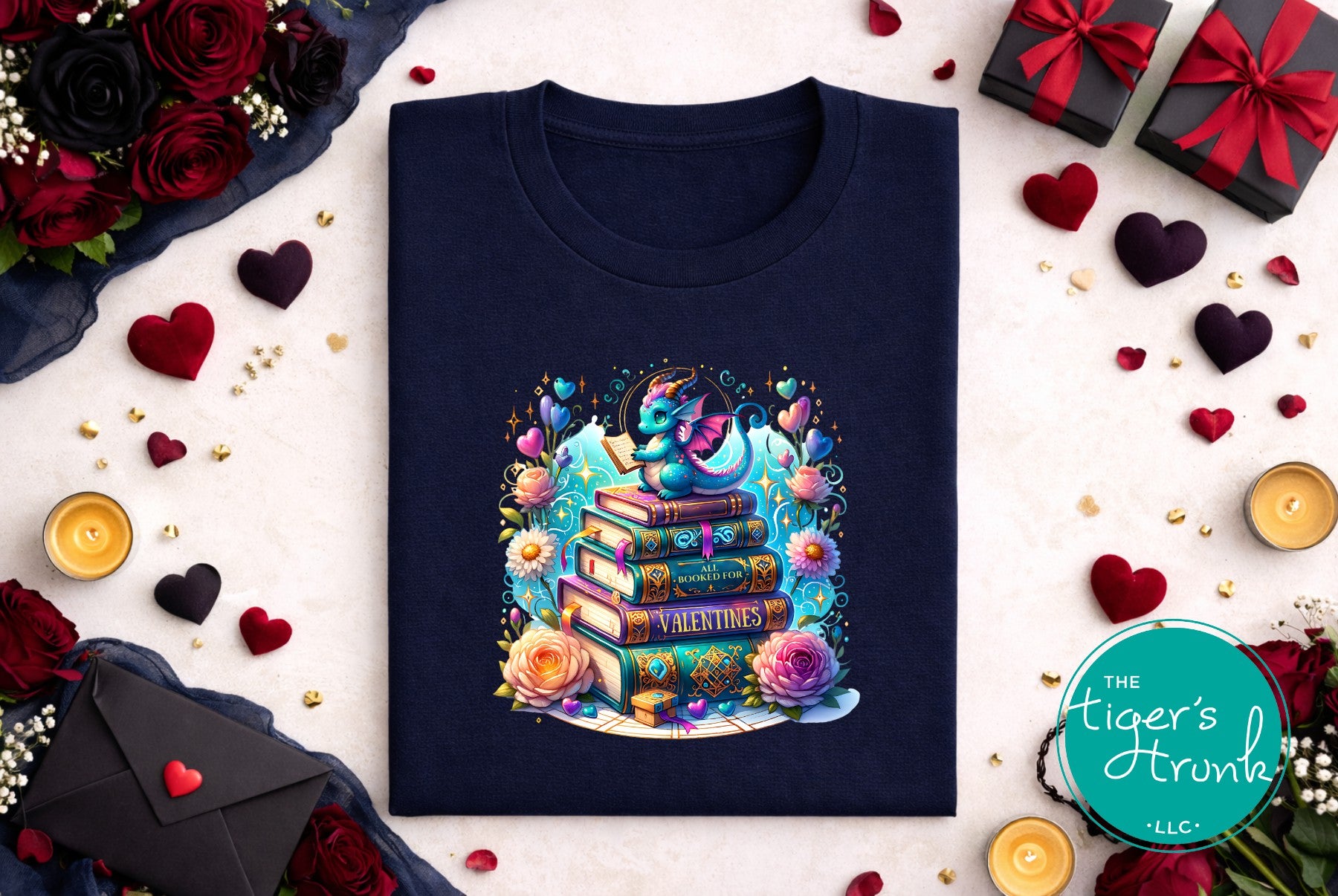 Navy blue t-shirt with a colorful unicorn design on a white surface with decorative elements.