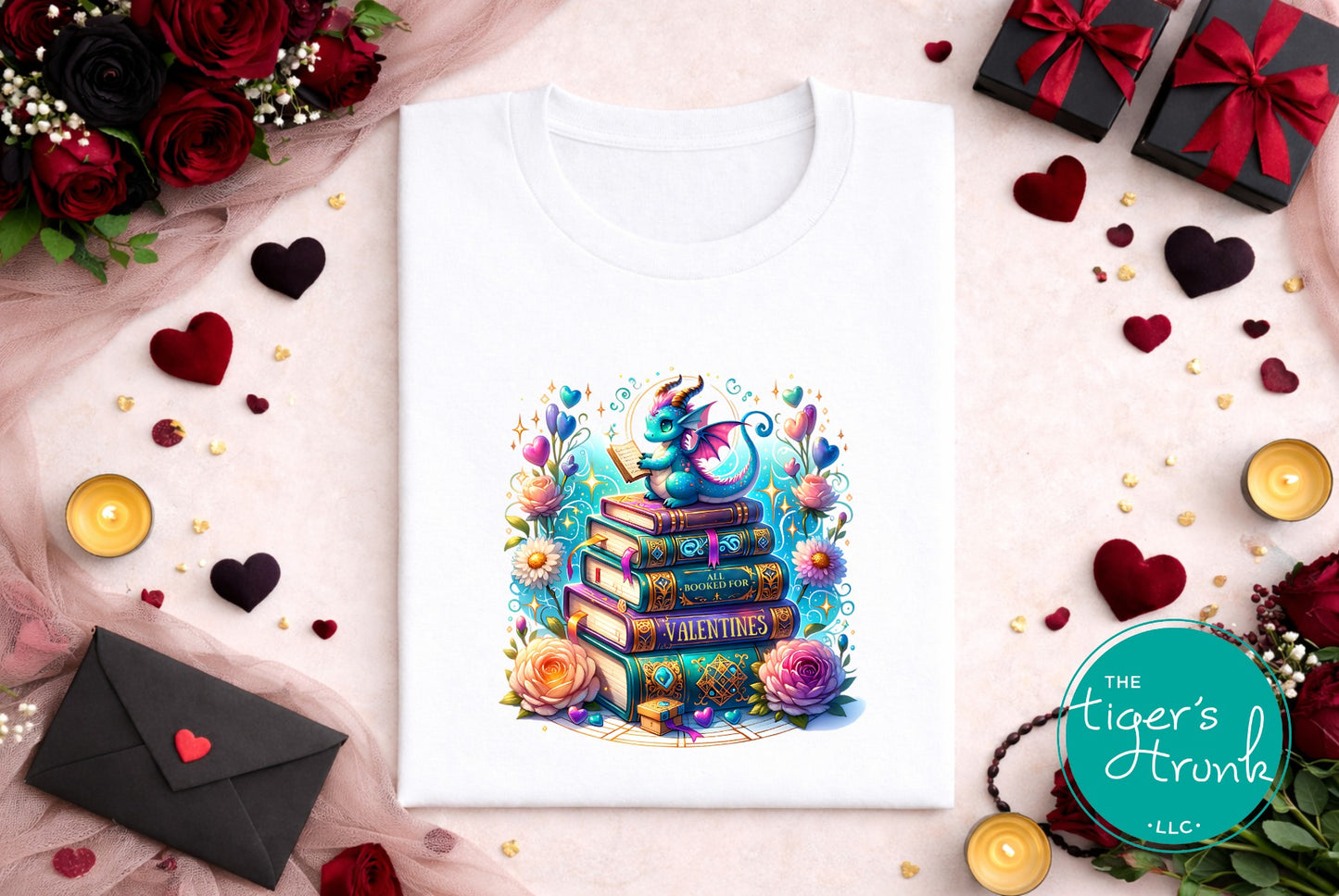 White t-shirt with colorful design of books and flowers, surrounded by decorative elements like candles and hearts.