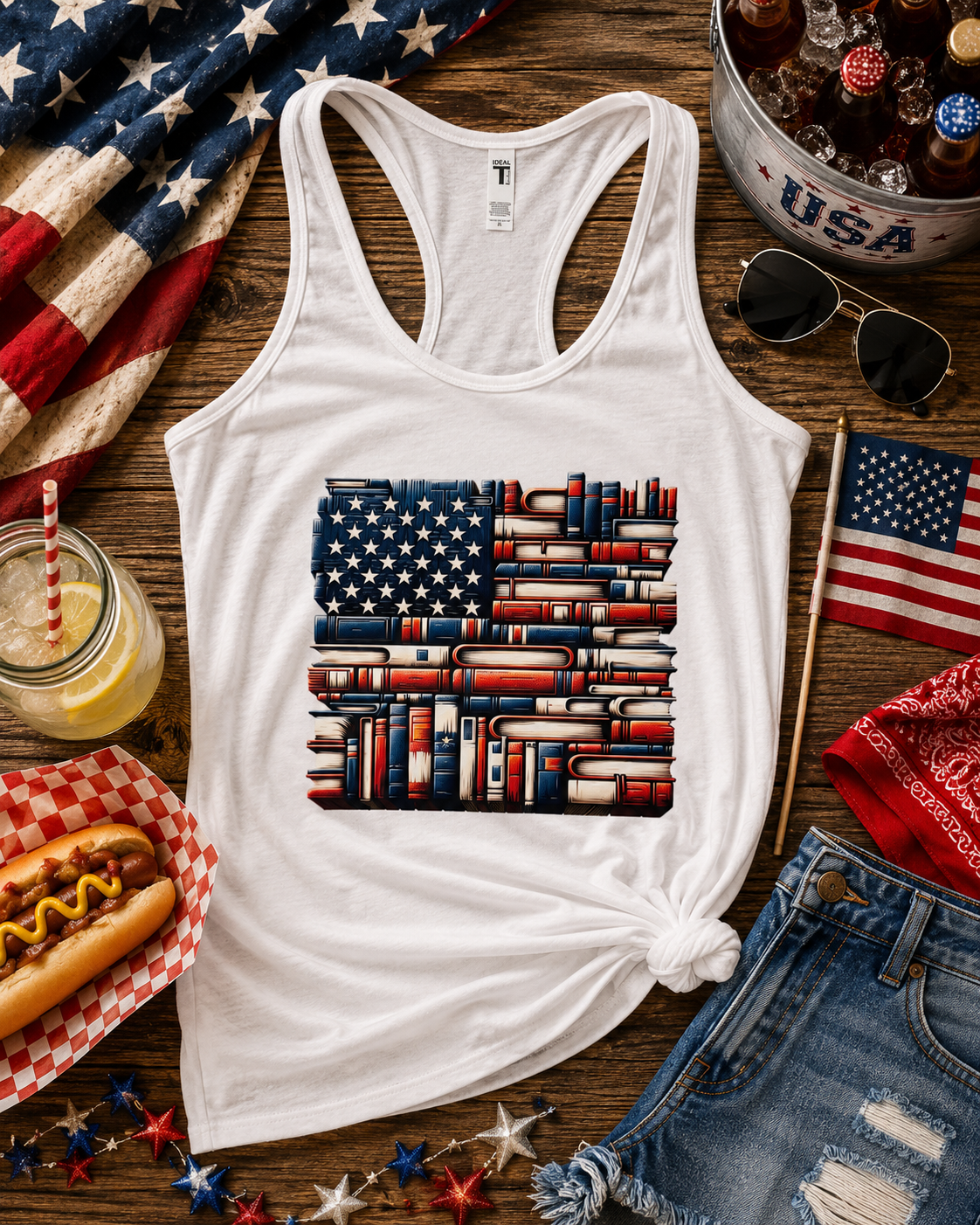 White women's racerback tank featuring an American flag made from stacked red, white, and blue books for patriotic book lovers.