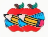 Pair of apple and pencil stud earrings, cute classroom-themed jewelry perfect for teachers and back-to-school gifts