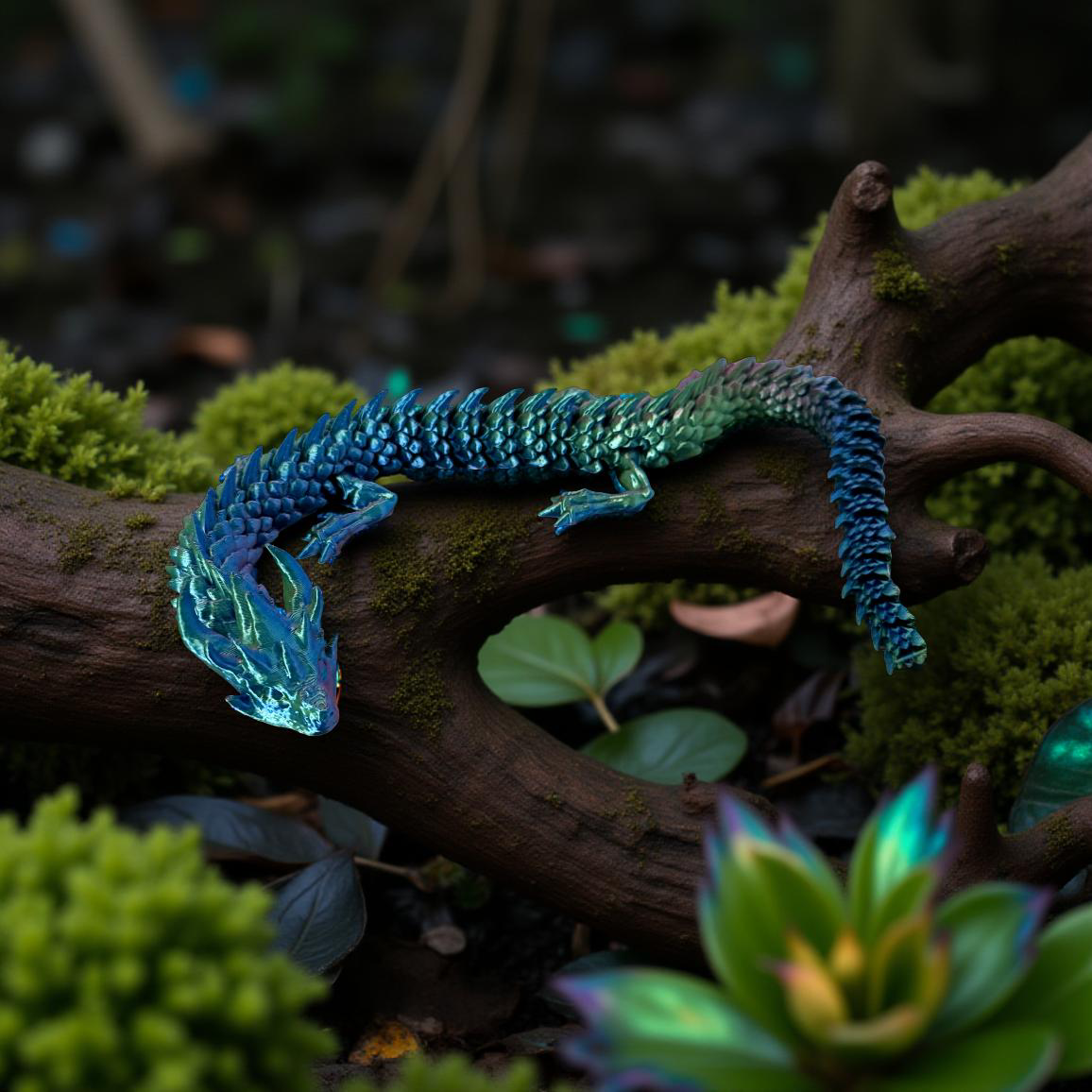 A blue and green articulated 3D printed dragon posed on a moss-covered tree branch in a lush forest setting.