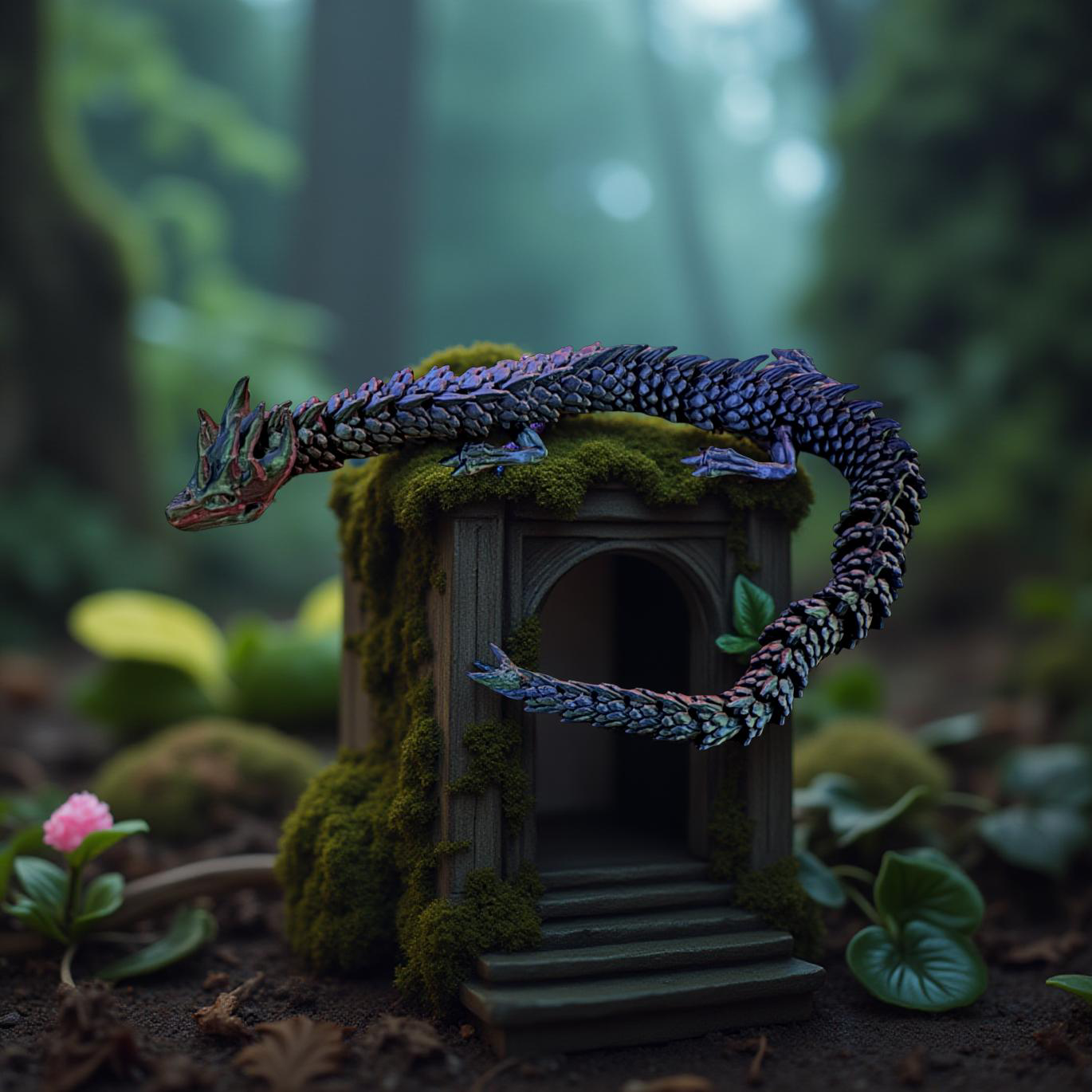 A detailed articulated 3D printed dragon with purple and blue scales draped over a moss-covered miniature structure in a forest setting.
