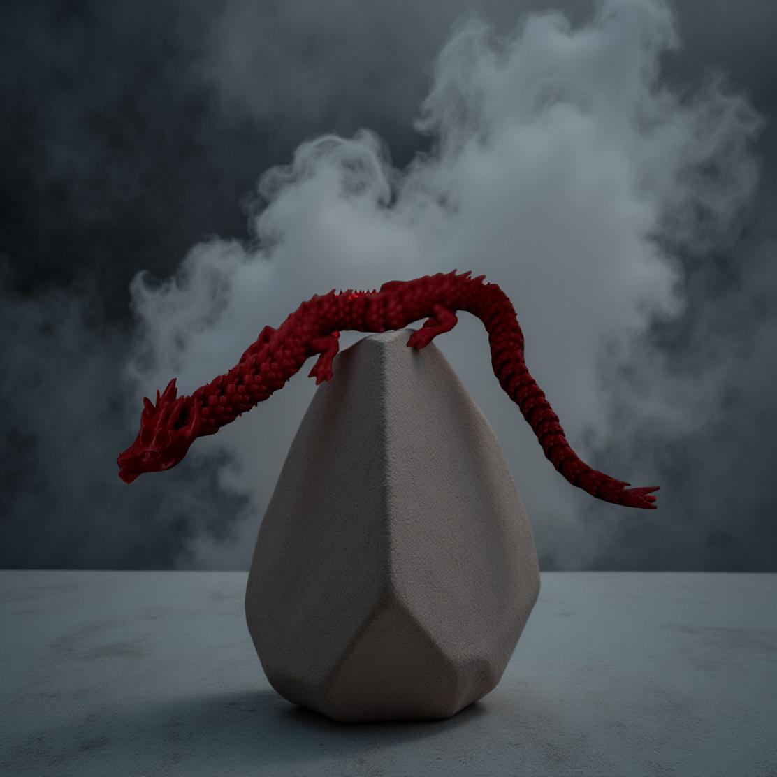 A red articulated 3D printed dragon posed on a stone-like pedestal with dramatic smoke swirling in the background.