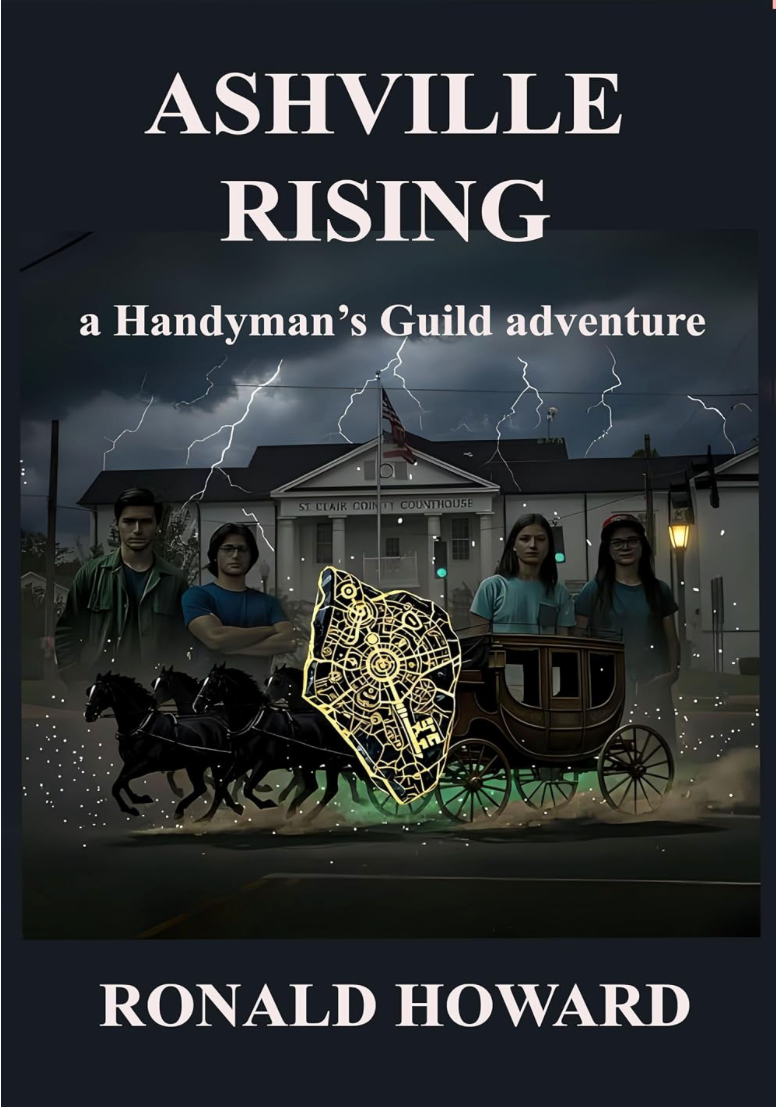 Cover of Ashville Rising: A Handyman’s Guild Adventure by Ronald Howard featuring four young people, a horse-drawn carriage and the St. Clair County Courthouse during a lightning storm