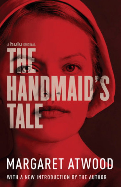 "Front cover of The Handmaid's Tale by Margaret Atwood, featuring a minimalist design with a cloaked figure and muted tones."